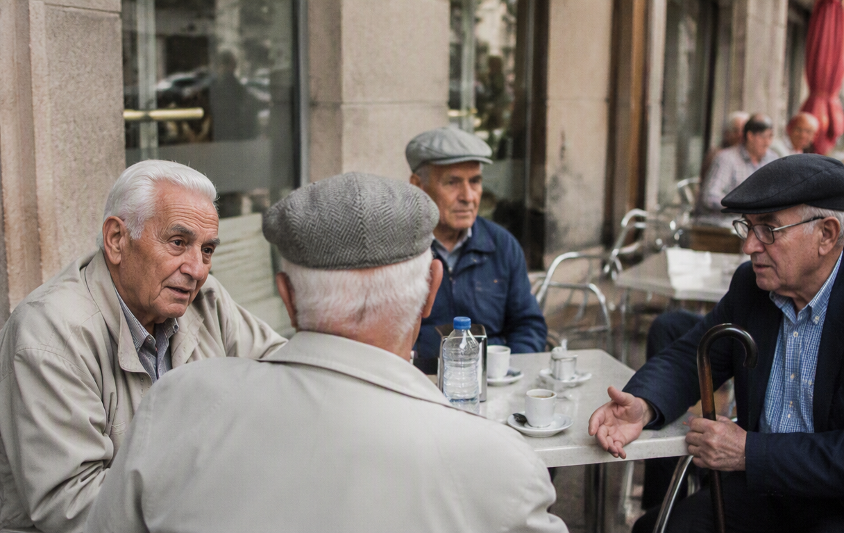 Italian pensioners sitting at outdoor Portuguese caf table