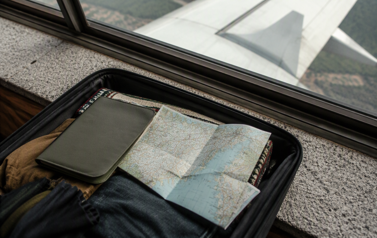 Hand holding a toy airplane over a world map, surrounded by coins, camera, and passport.