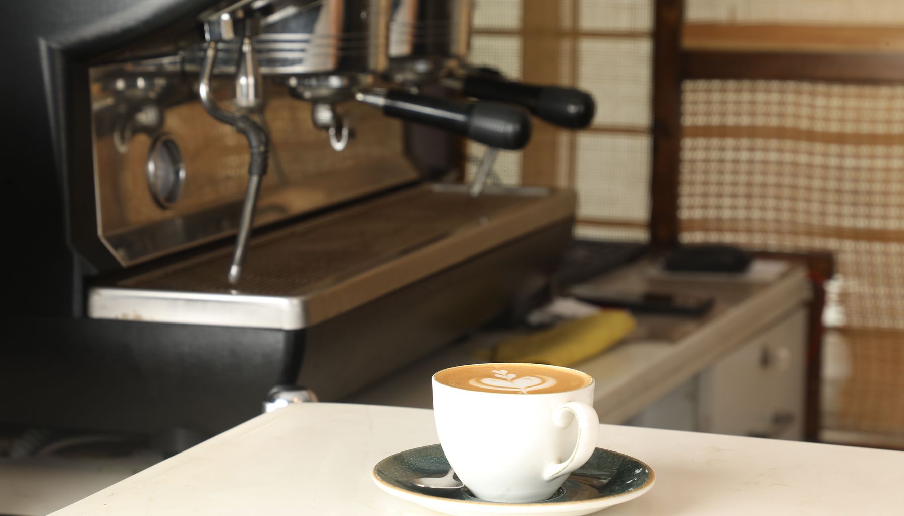A cup of coffee with latte art sits in front of an elegant espresso machine indoors.