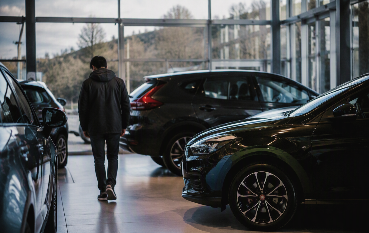 Green Lamborghini and classic car displayed in a sleek, modern showroom interior with people observing.
