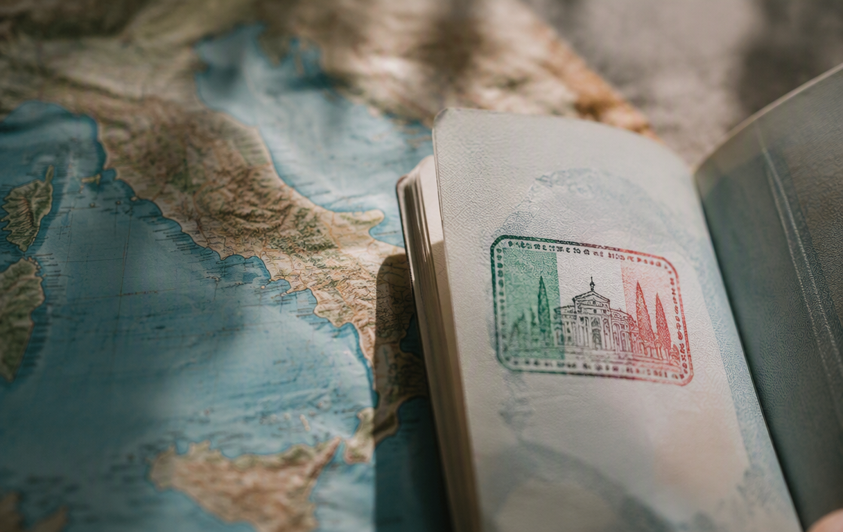 Passport with Italy visa stamp on map