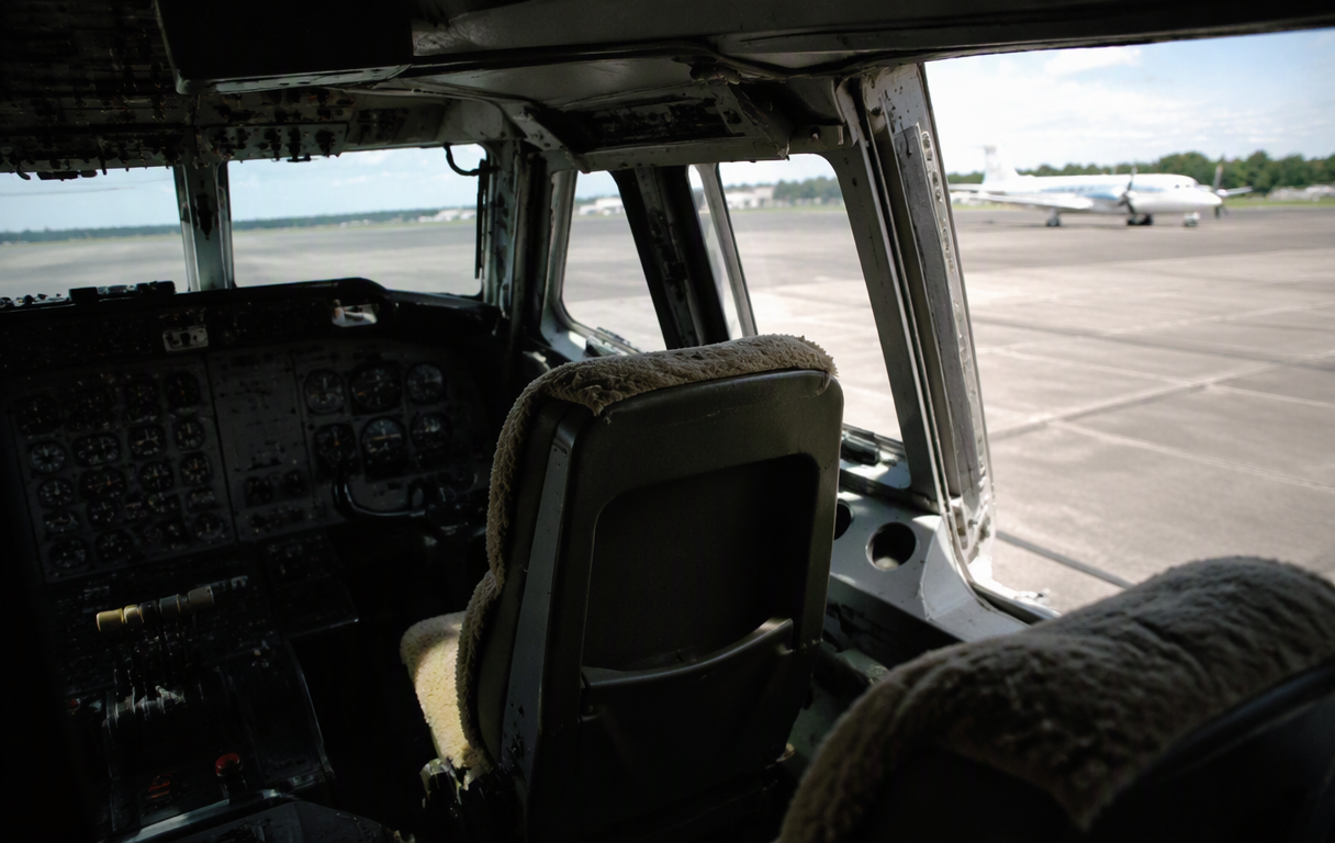 Pilot in cockpit flying over a coastal landscape, showcasing the control panel and ocean view.