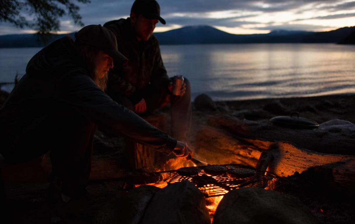 Camping grills and flames at night by lakefront embers