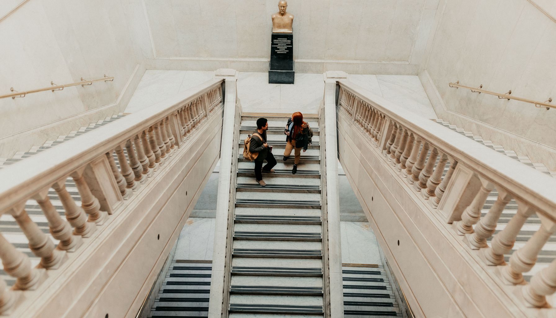 Aerial view of students in a grand staircase at a university in Buenos Aires, Argentina.
