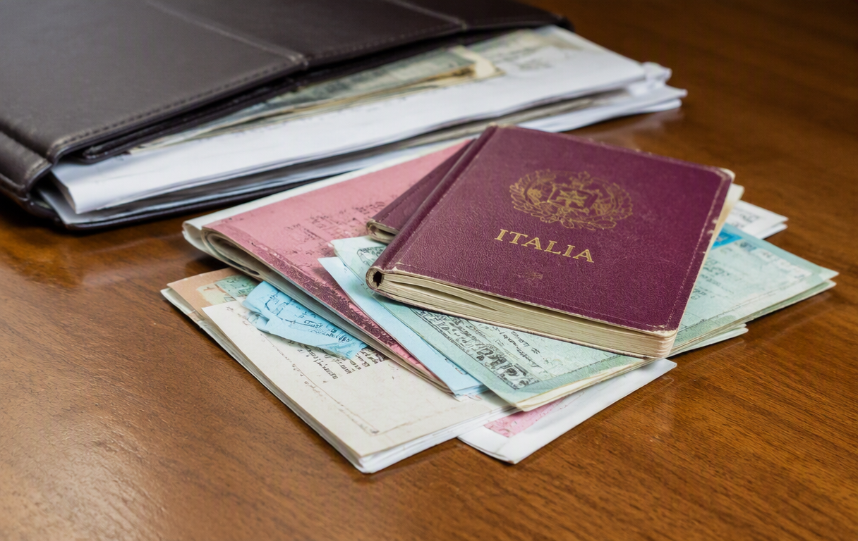 Italian citizenship documents on wooden desk