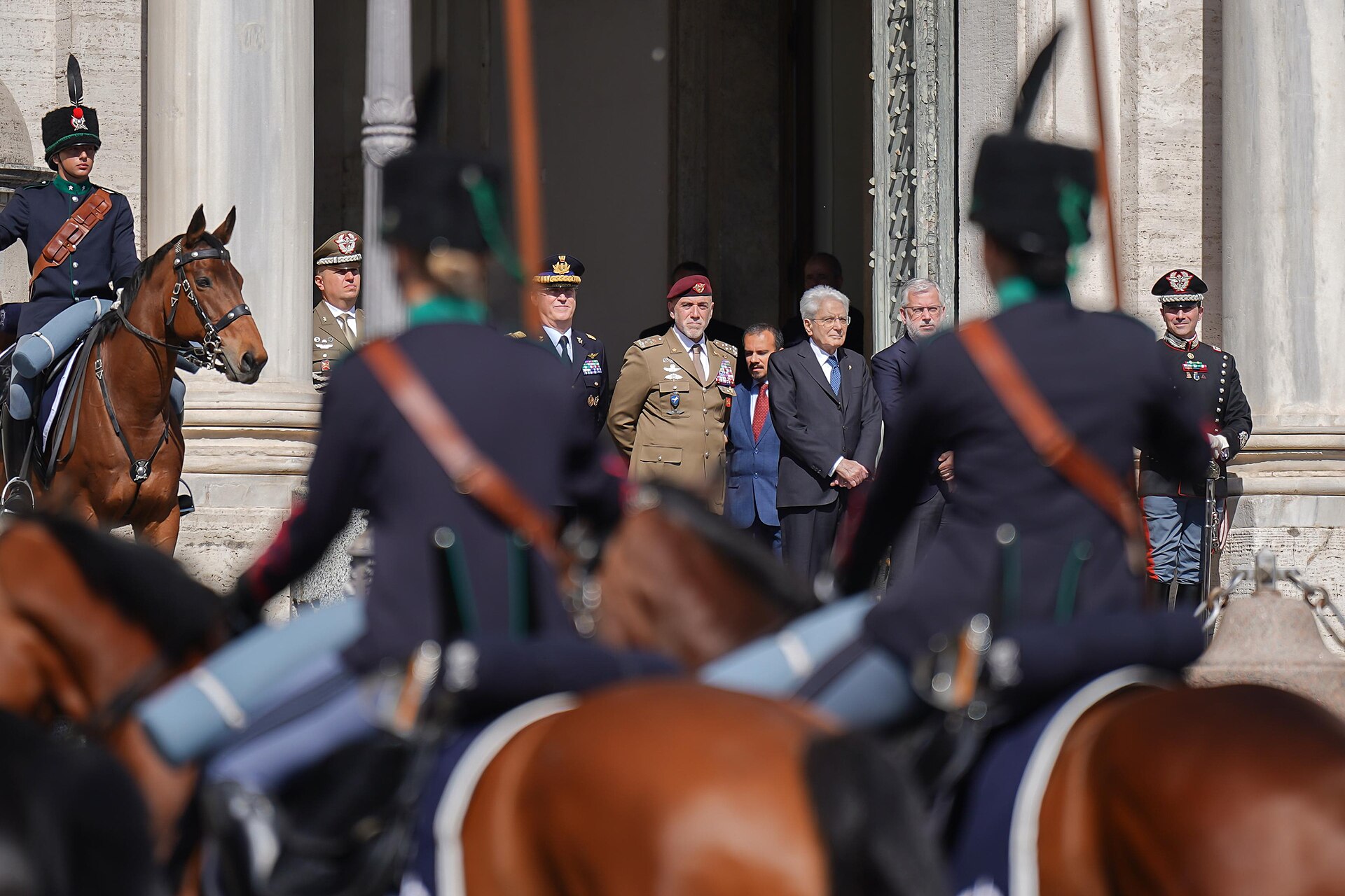 Italian Army - the President of Italy Sergio Mattarella and the Chief of Staff of the Italian Army Carmine Masiello observe the arrival of the Regiment "Lancieri di Montebello" (8th) outside the Quirinal Palace on 2 May 2026