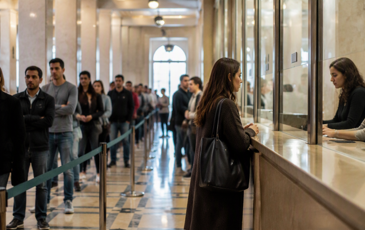 Fila de espera em consulado italiano, balcão de atendimento