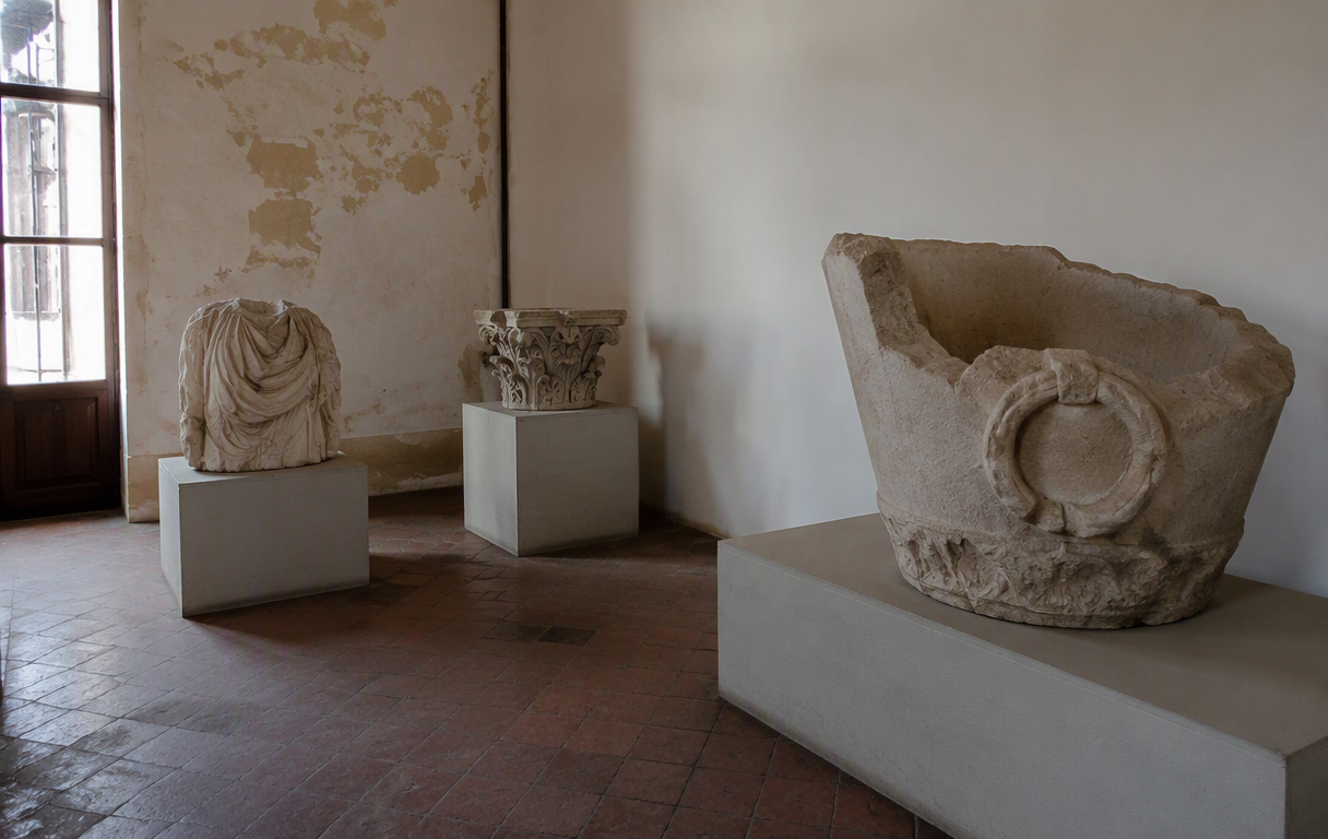 Italian gallery wall with sculpture display