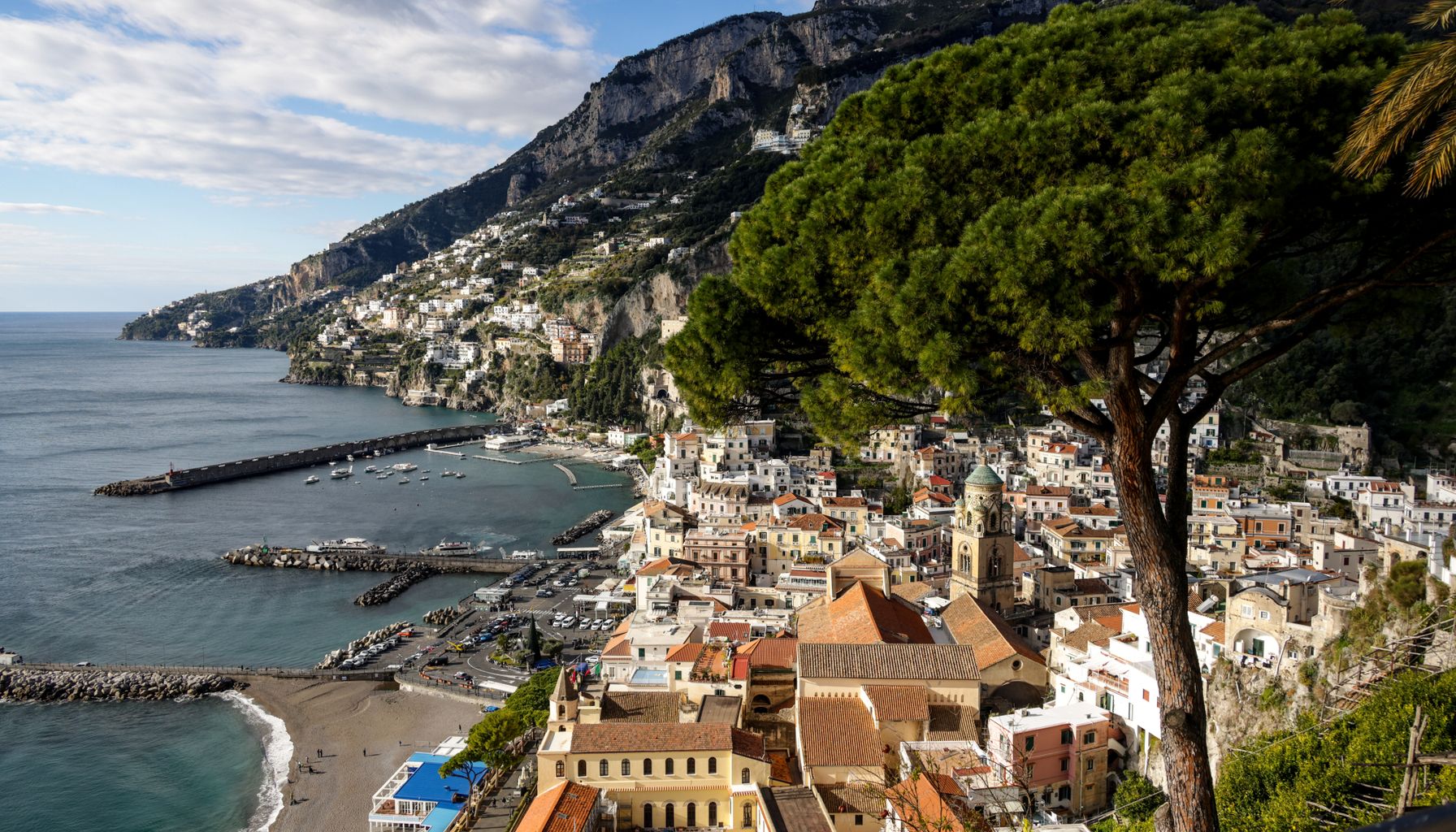 Beautiful aerial view of the Amalfi Coast with Mediterranean architecture and seaside charm.