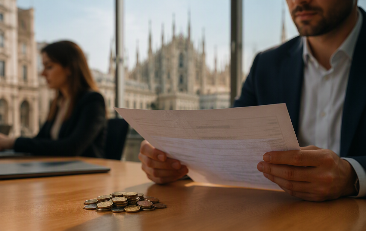 Milan office workers, payslip and euro coins